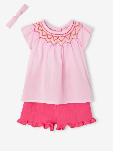 Babysetje met blouse, short en haarband rozen - vertbaudet enfant 