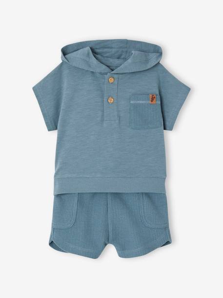 Babyset met T-shirt met capuchon en short met honingraatmotief groenblauw - vertbaudet enfant 