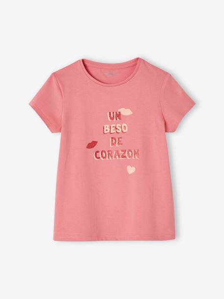T-shirt met tekst meisjes aardbei+dennen+ecru+hemelsblauw+koraal+lichtblauw+marineblauw+rood+snoepjesroze+vanille - vertbaudet enfant 