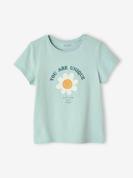 Tee-shirt à message Basics fille bleu ciel+corail+écru+fraise+marine+rose bonbon+rouge+vanille+vert sapin - vertbaudet enfant 