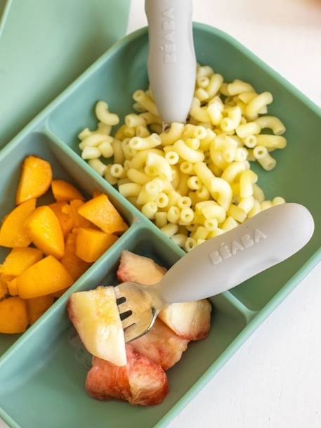 Lot de 2 pré-couverts d'apprentissage 2e âge en inox et silicone beige imprimé+gris+vert sauge - vertbaudet enfant 