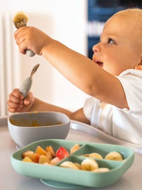 Lot de 2 pré-couverts d'apprentissage 2e âge en inox et silicone beige imprimé+gris+vert sauge - vertbaudet enfant 