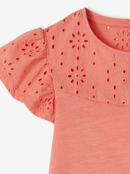 T-shirt fille détails en broderie anglaise corail+fuchsia+VERT PALE - vertbaudet enfant 
