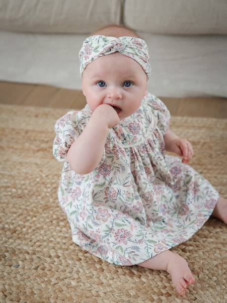Moederdag capsule jurk van katoengaas en babyhoofdband vanille - vertbaudet enfant 