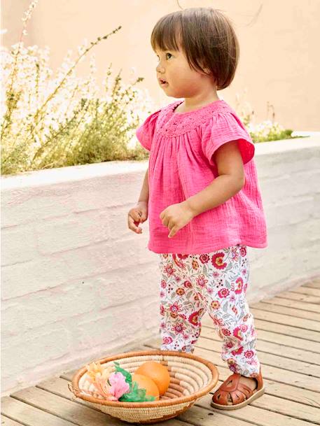 Pantalon fleuri bébé taille élastiquée écru - vertbaudet enfant 