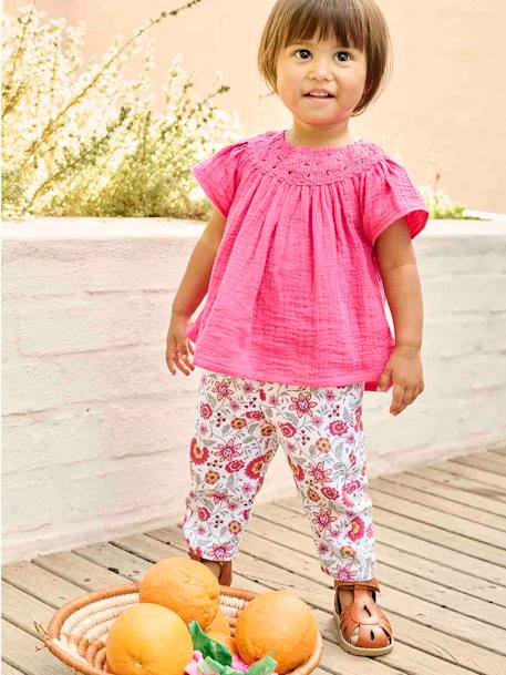 Babybroekje met bloemmotief en elastische tailleband ecru - vertbaudet enfant 