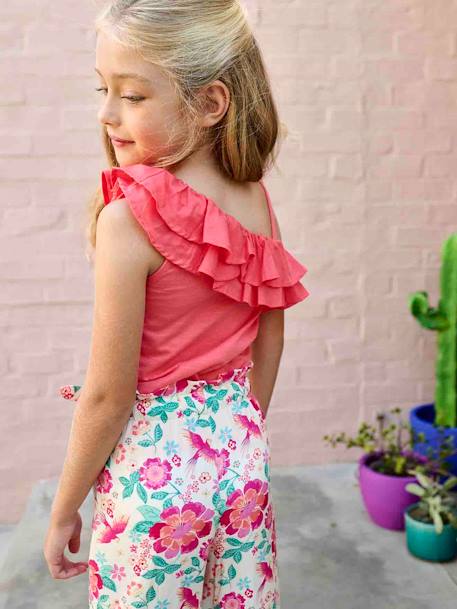 T-shirt à volant asymétrique fille corail+écru+vert sauge - vertbaudet enfant 