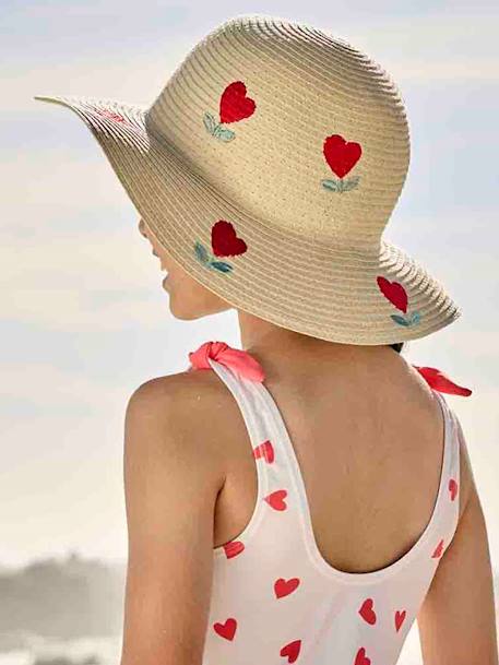 Fille-Accessoires- Chapeau-Chapeau forme capeline aspect paille à coeurs fille