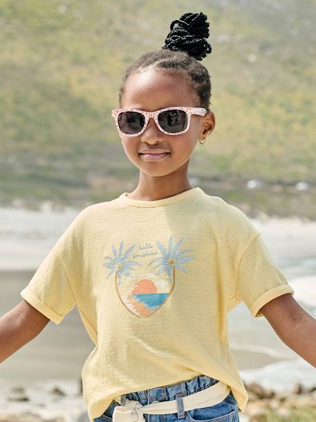 Tee-shirt maille reliéfée imprimé fille corail+jaune pastel - vertbaudet enfant 