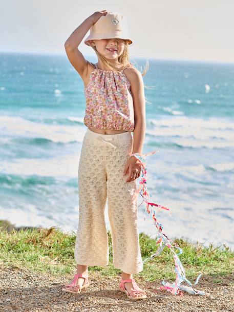 'Cropped' meisjesblouse met bloemenprint en ruches op de bandjes abrikoos (poederkleur) - vertbaudet enfant 