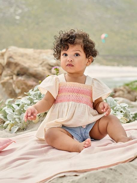 Blouse en gaze de coton bébé encolure en crochet écru - vertbaudet enfant 