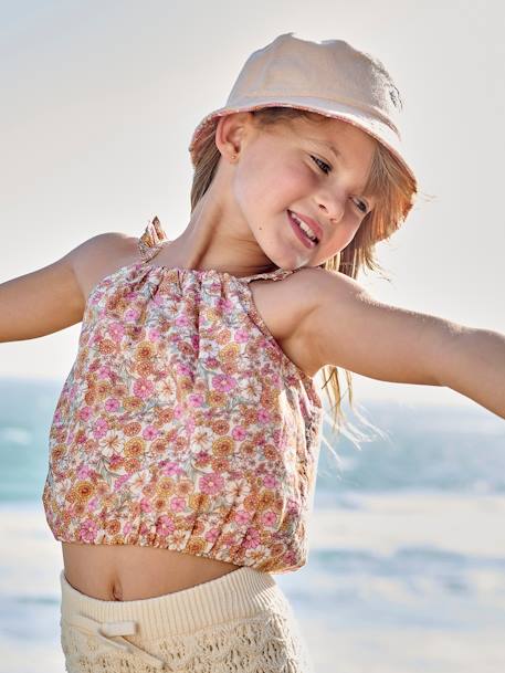 'Cropped' meisjesblouse met bloemenprint en ruches op de bandjes abrikoos (poederkleur) - vertbaudet enfant 