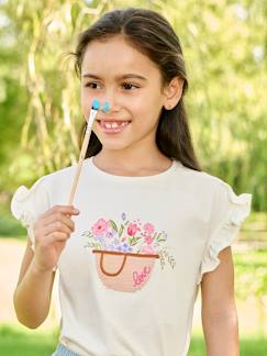 Meisje-T-shirt, souspull-T-shirt-Geborduurd meisjesshirt met korte mouwen en ruches