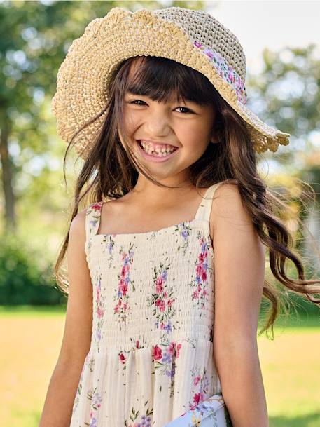 Chapeau aspect paille effet crochet avec ruban imprimé fille rose pâle - vertbaudet enfant 