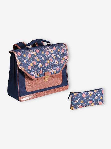 Schooltas + etui Flowers voor meisjes marineblauw - vertbaudet enfant 
