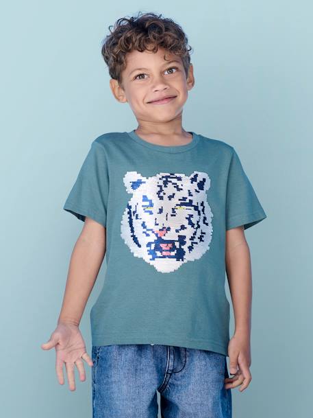 Tee-shirt garçon motif à sequins réversibles blanc+bleu nuit+bleu océan+écru+vert d'eau - vertbaudet enfant 