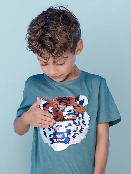 Jongensshirt met motief in omkeerbare pailletten Basics blauwgroen+wit - vertbaudet enfant 