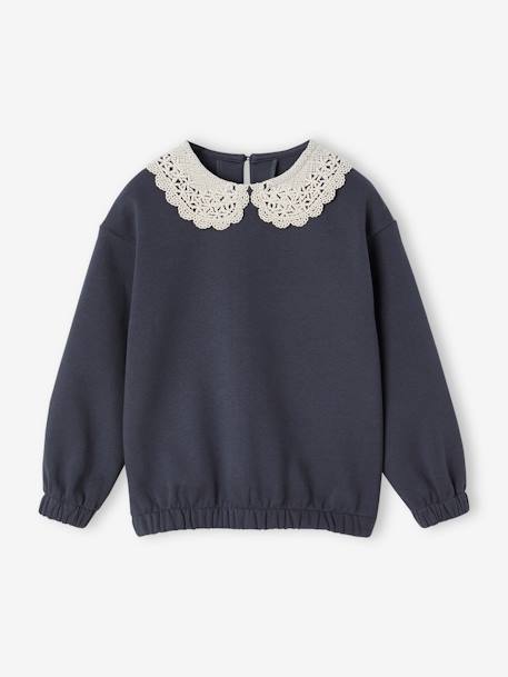 Sweat fille col fantaisie en macramé anthracite+prune - vertbaudet enfant 