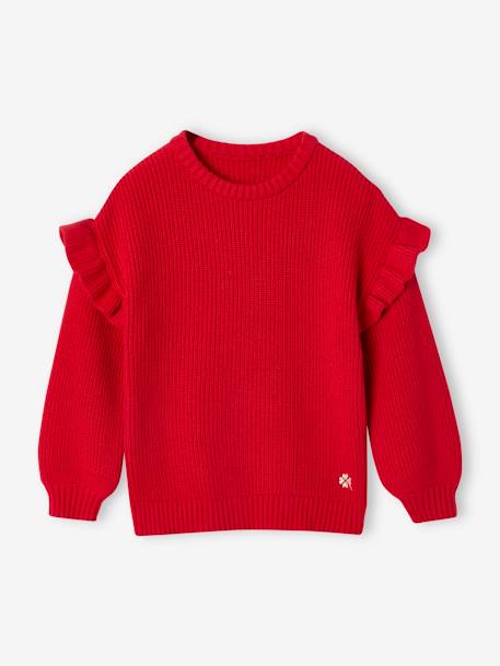 Pull fille brodé manches volantées écru+rayé marine+rouge - vertbaudet enfant 