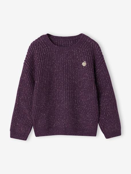 Pull fille maille perlée animation badge irisé anthracite+violet - vertbaudet enfant 