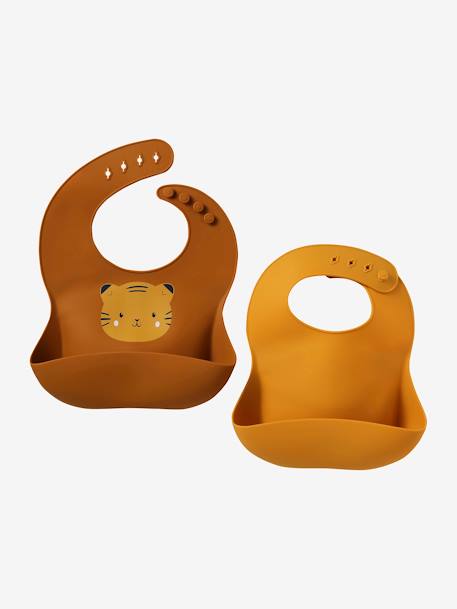 Set van 2 siliconen slabbetjes bruin+grijsblauw+roze, bedrukt+saliegroen - vertbaudet enfant 