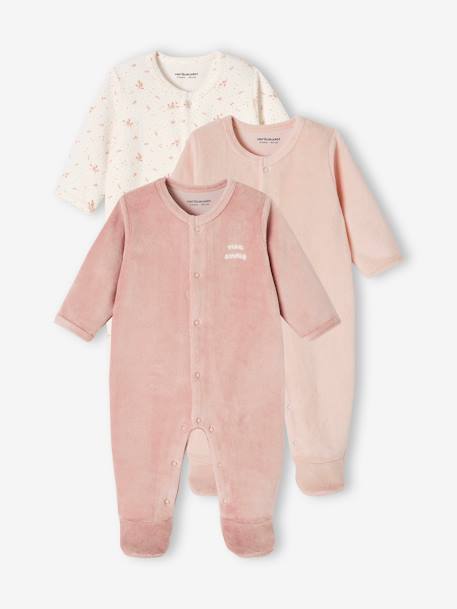Lot de 3 pyjamas bébé mixte en velours ouverture naissance bois de rose+jaune d'or+vert d'eau - vertbaudet enfant 