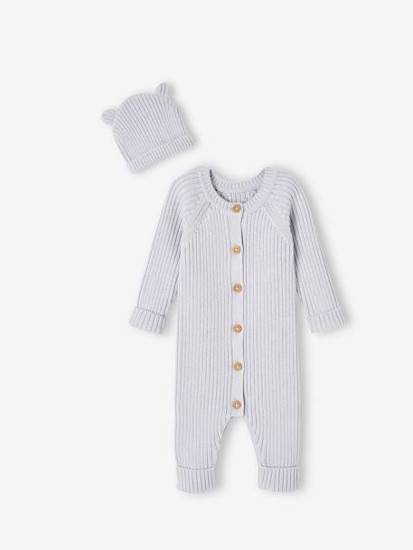 Ensemble bébé combinaison et bonnet à oreilles en tricot bleu pâle - vertbaudet enfant 