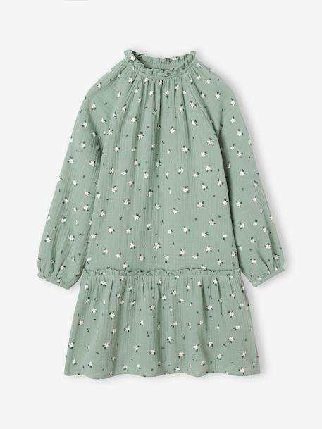 Robe en gaze de coton motifs fleurs fille anthracite+vert de gris - vertbaudet enfant 