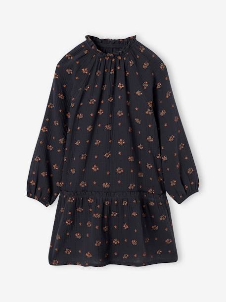 Robe en gaze de coton motifs fleurs fille anthracite+vert de gris - vertbaudet enfant 
