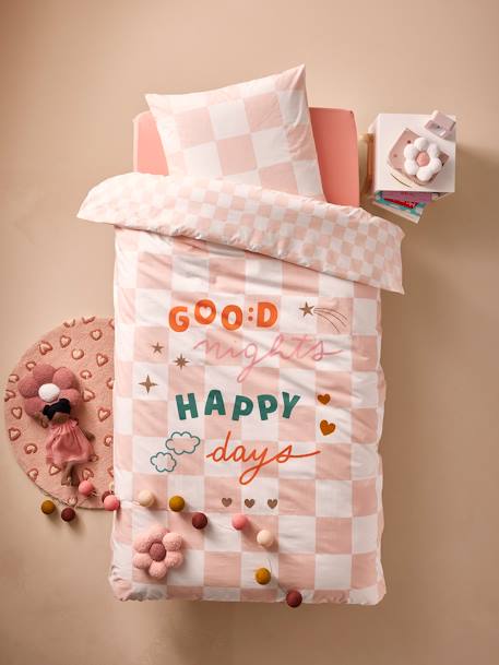 Parure housse de couette + taie oreiller enfant DAMIER GOOD VIBES, avec coton recyclé carreaux rose - vertbaudet enfant 