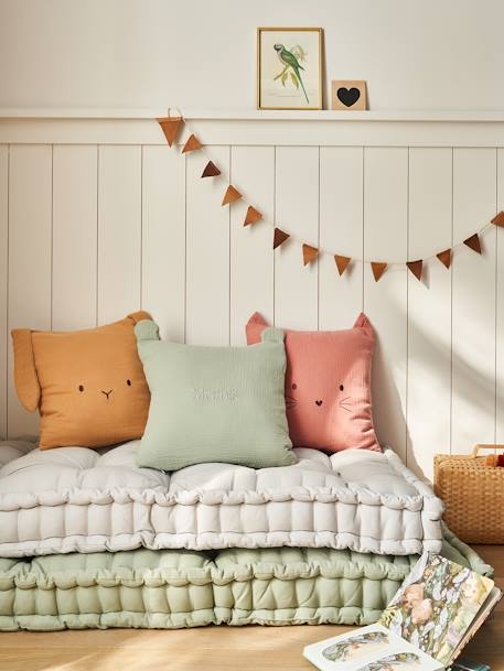 Coussin animal en gaze de coton personnalisable cannelle+rose+vert sauge - vertbaudet enfant 
