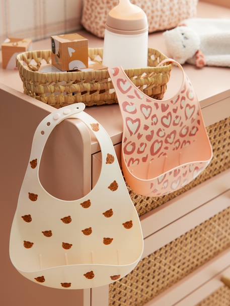 Set van 2 siliconen slabbetjes bruin+grijsblauw+roze, bedrukt+saliegroen - vertbaudet enfant 