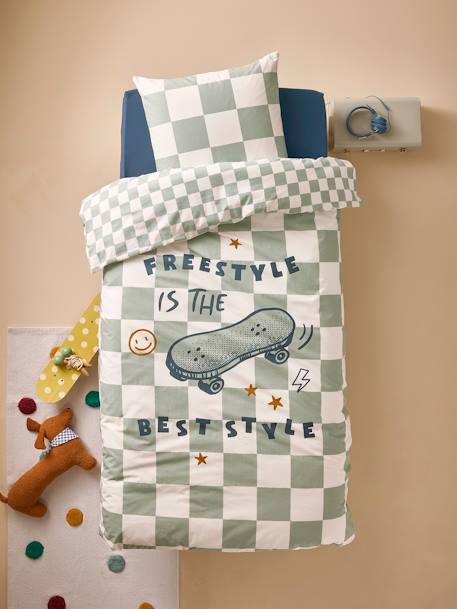 Parure housse de couette enfant et taie d'oreiller DAMIER FREESTYLE, avec coton recyclé carreaux vert - vertbaudet enfant 