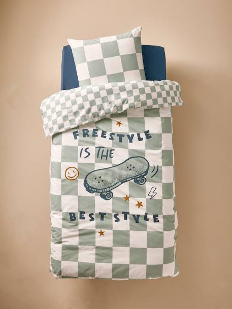 Parure housse de couette enfant et taie d'oreiller DAMIER FREESTYLE, avec coton recyclé carreaux vert - vertbaudet enfant 