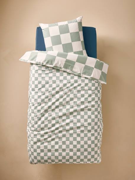 Parure housse de couette et taie d'oreiller carreaux vert - vertbaudet enfant 
