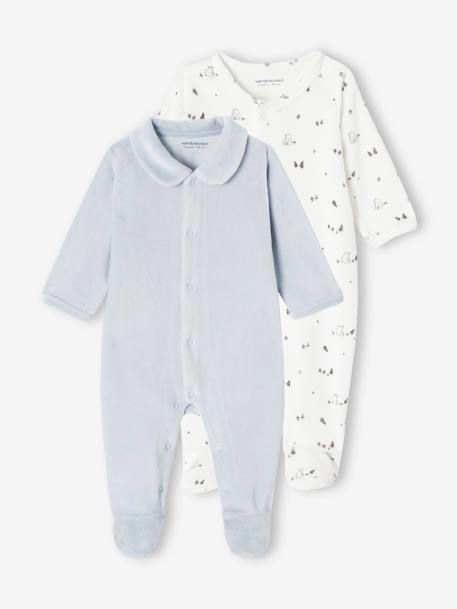 Lot de 2 pyjamas mixtes velours ouverture naissance bleu pâle+cappuccino+rose - vertbaudet enfant 