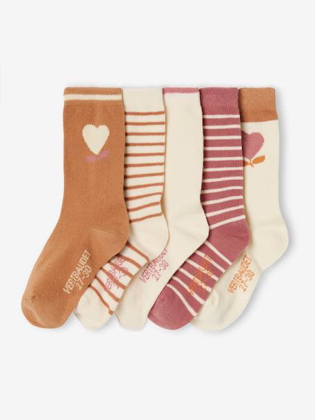Lot 5 paires de chaussettes coeur fille abricot+beige+bleu chambray+mauve - vertbaudet enfant 