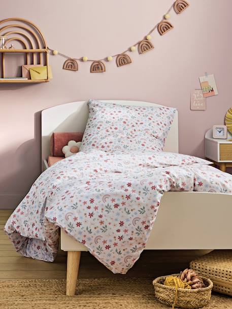Parure housse de couette et taie d'oreiller RAINBOW FLOWERS blanc imprimé - vertbaudet enfant 