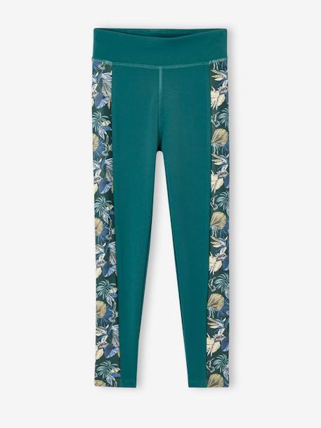 Legging sport matière technique fille bandes côtés fleurs exotiques vert émeraude - vertbaudet enfant 