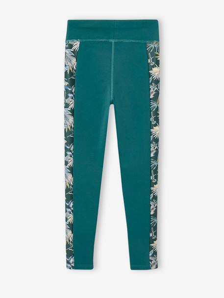 Legging sport matière technique fille bandes côtés fleurs exotiques vert émeraude - vertbaudet enfant 