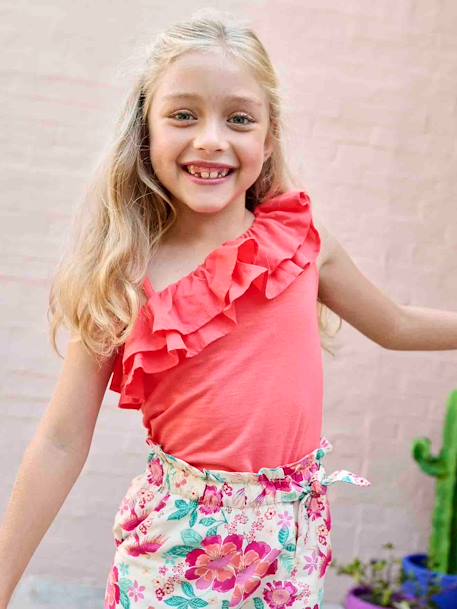 T-shirt à volant asymétrique fille corail+écru+vert sauge - vertbaudet enfant 