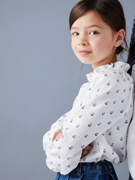 T-shirt fantaisie col élastiqué volanté fille écru+marine - vertbaudet enfant 