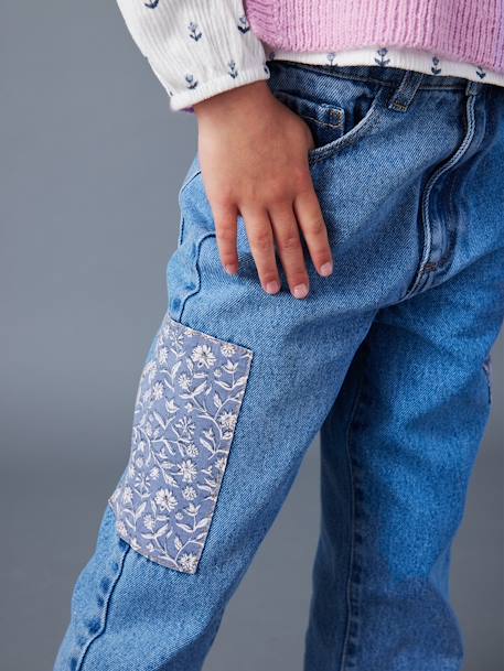 Jean loose avec patchs à fleurs fille bleu moyen - vertbaudet enfant 