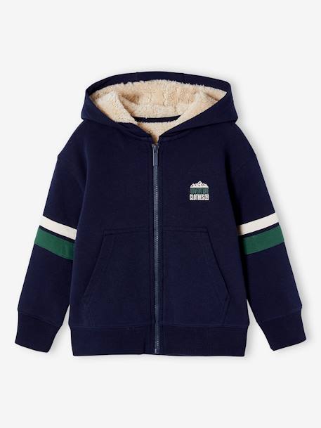 Jongenssweater met capuchon en rits en sherpavoering gemêleerd wit+marineblauw - vertbaudet enfant 