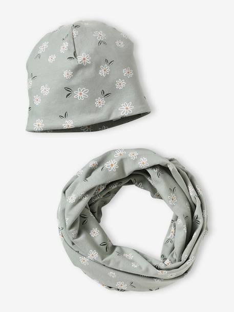 Ensemble fleuri fille bonnet + snood rose poudré+vert de gris - vertbaudet enfant 