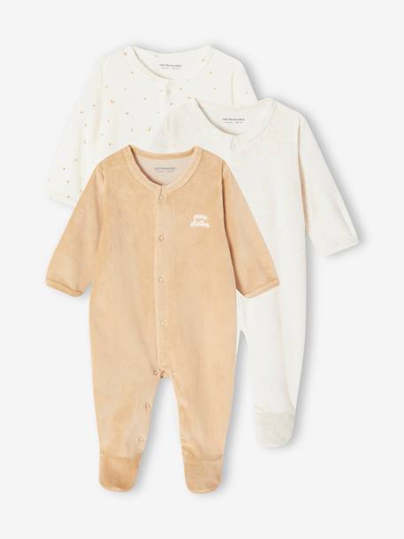 Lot de 3 pyjamas bébé mixte en velours ouverture naissance bois de rose+jaune d'or+vert d'eau - vertbaudet enfant 