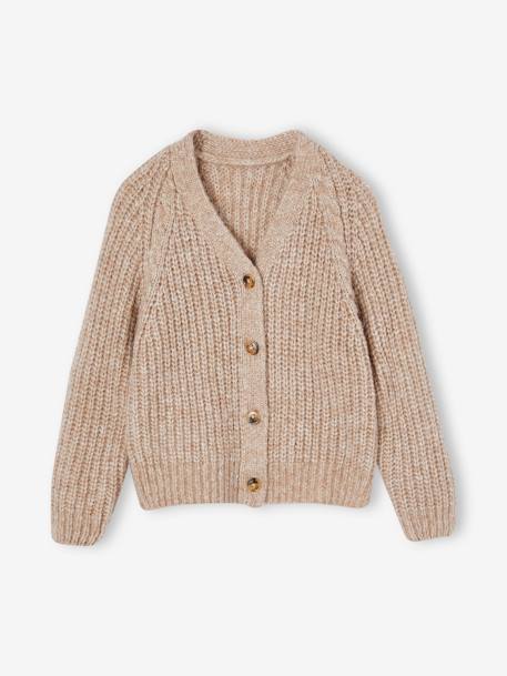 Gilet fille en maille mousseuse camel+olive - vertbaudet enfant 
