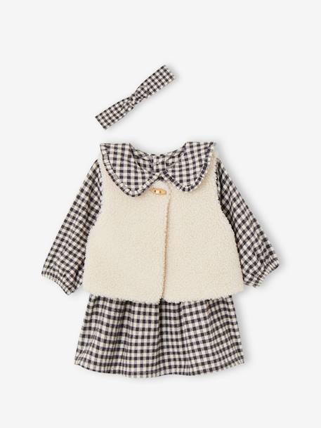 Ensemble 3 pièces bébé robe vichy + gilet + bandeau carreaux noir - vertbaudet enfant 