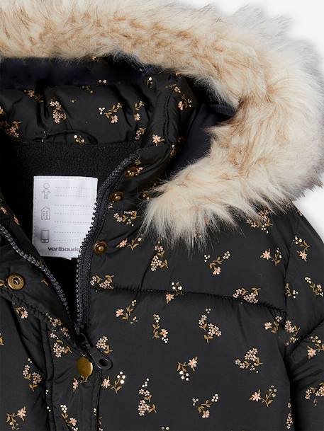 Donsjack met capuchon voor meisjes met fleece voering antraciet+goud+roze (poederkleur)+roze, bedrukt - vertbaudet enfant 