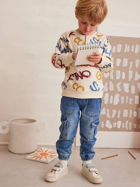 Jongensshirt in sweaterlook met print ecru+gemêleerd wit+korstmos+pecannoot - vertbaudet enfant 